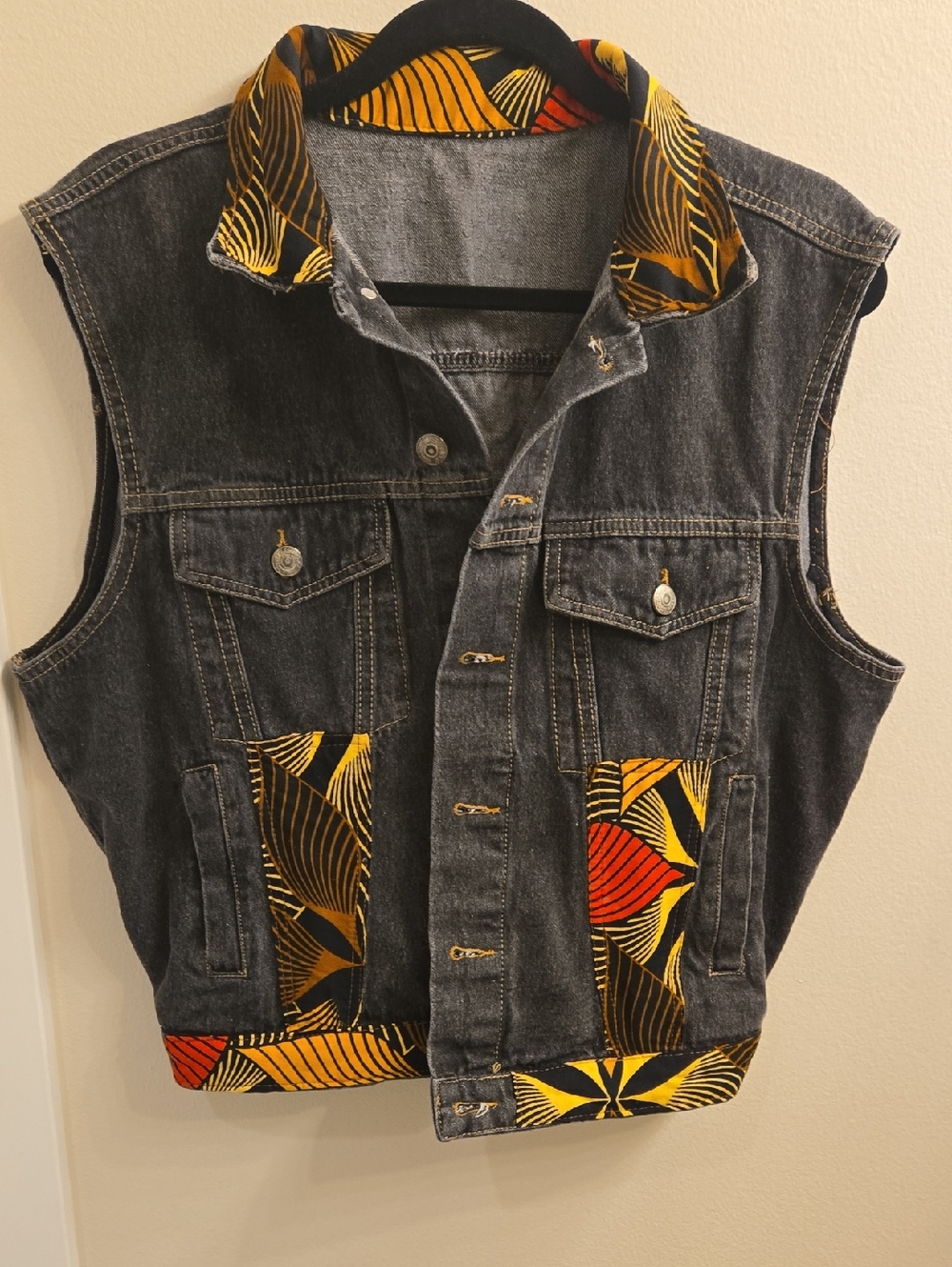 DSQUARED Black Denim Vest with Yellow & Red Trim